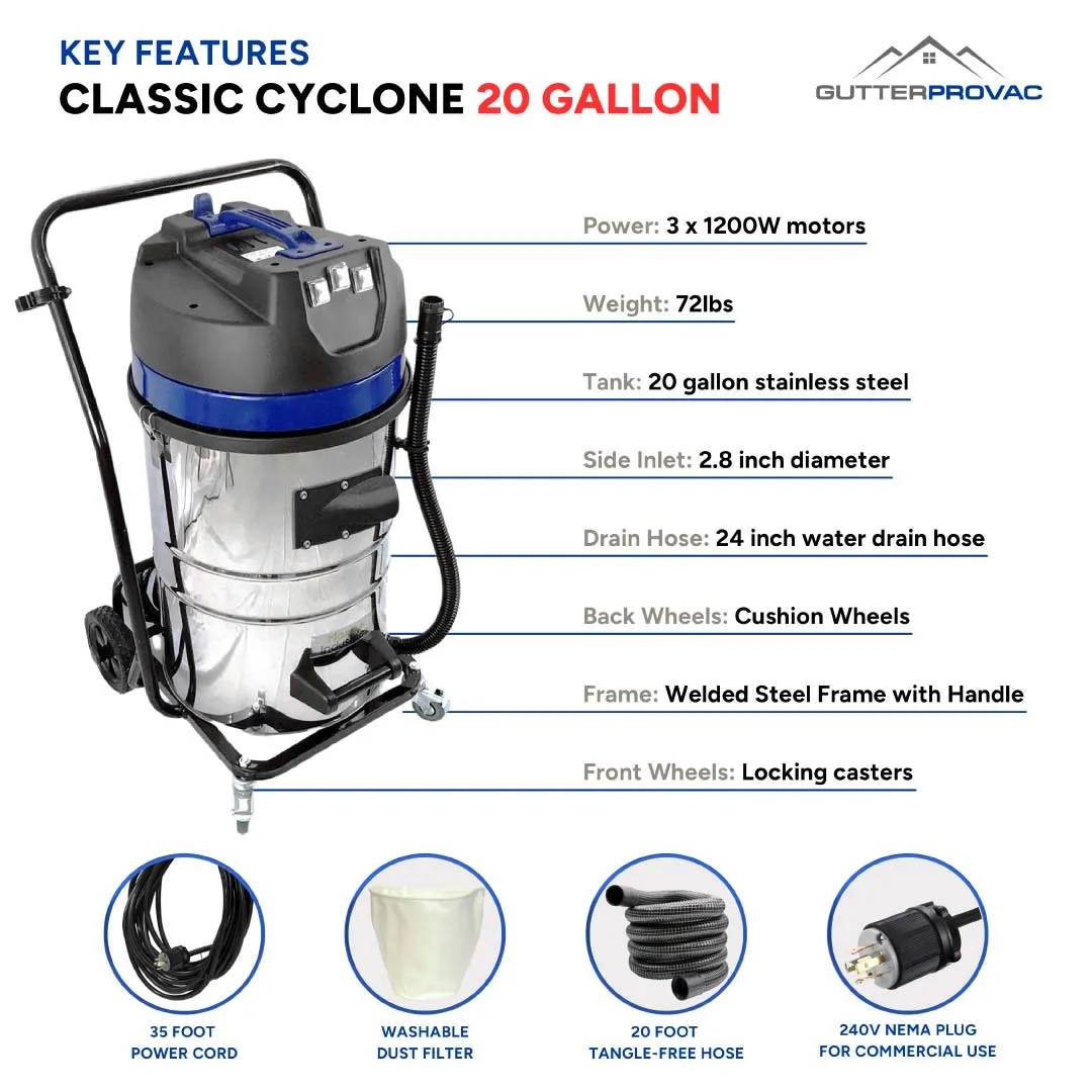 20 Gallon Classic Cyclone Gutter Vacuum with 28 Foot Carbon Clamping Poles, 25ft Hose and Pole Bag