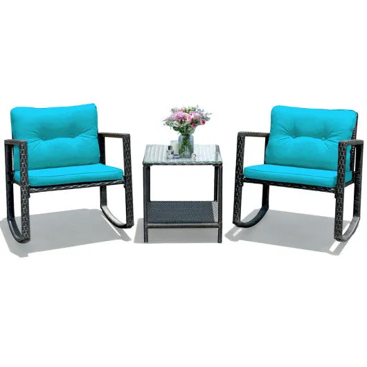 3 Pcs Wicker Rocking Bistro Set with Glass Coffee Table and Storage Shelf-Blue