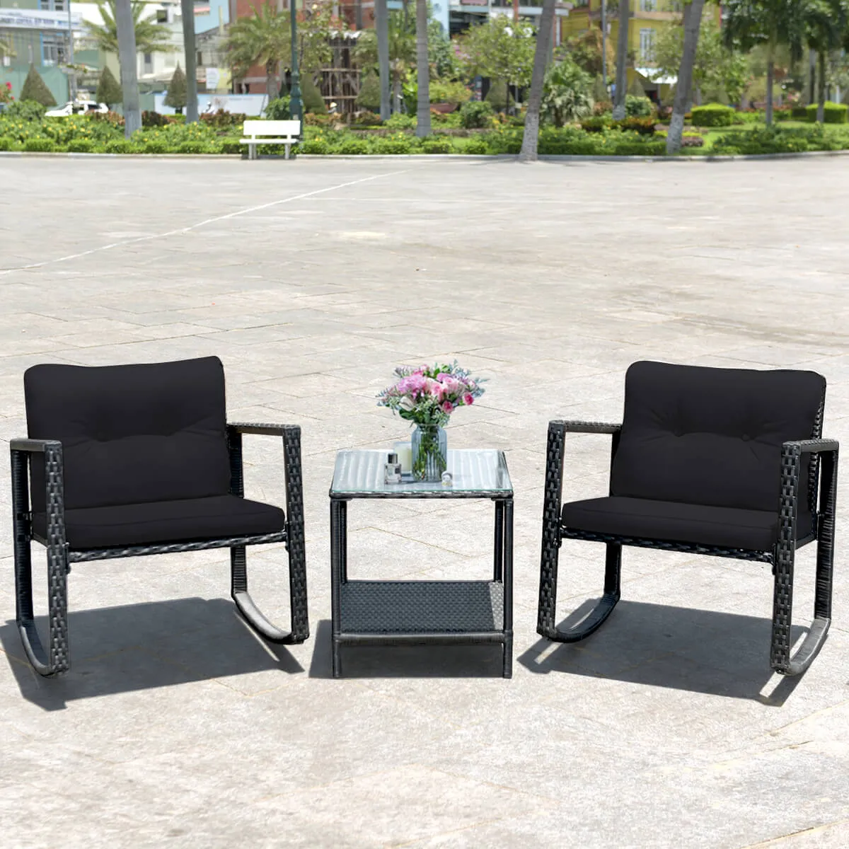 3 Pieces Outdoor Rocking Bistro Set PE Rattan with Cushions-Black