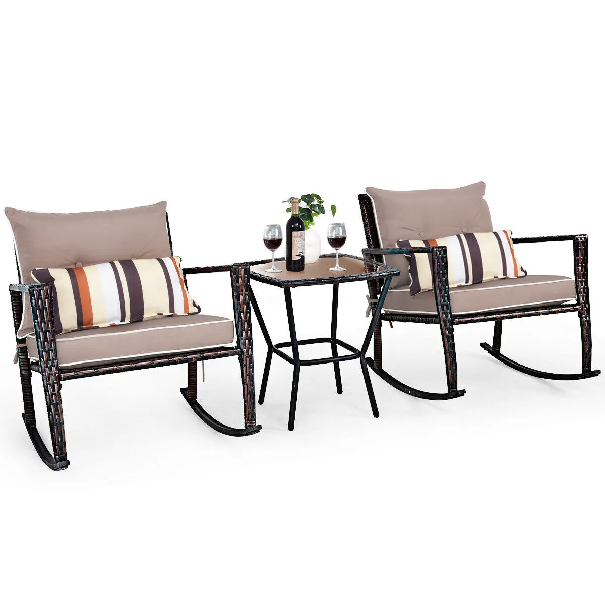 3 Pieces Rattan Wicker Rocking Bistro Set with Waist Pillow