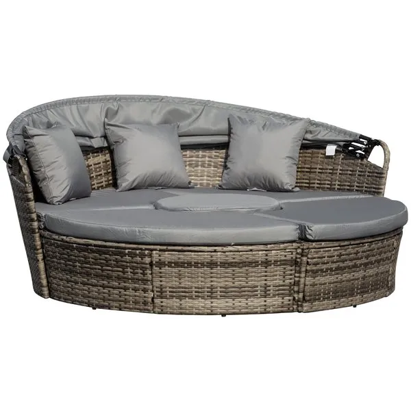 5 PCS Outdoor Plastic Rattan Round Sofa Bed W/ Coffee Table Set - Grey