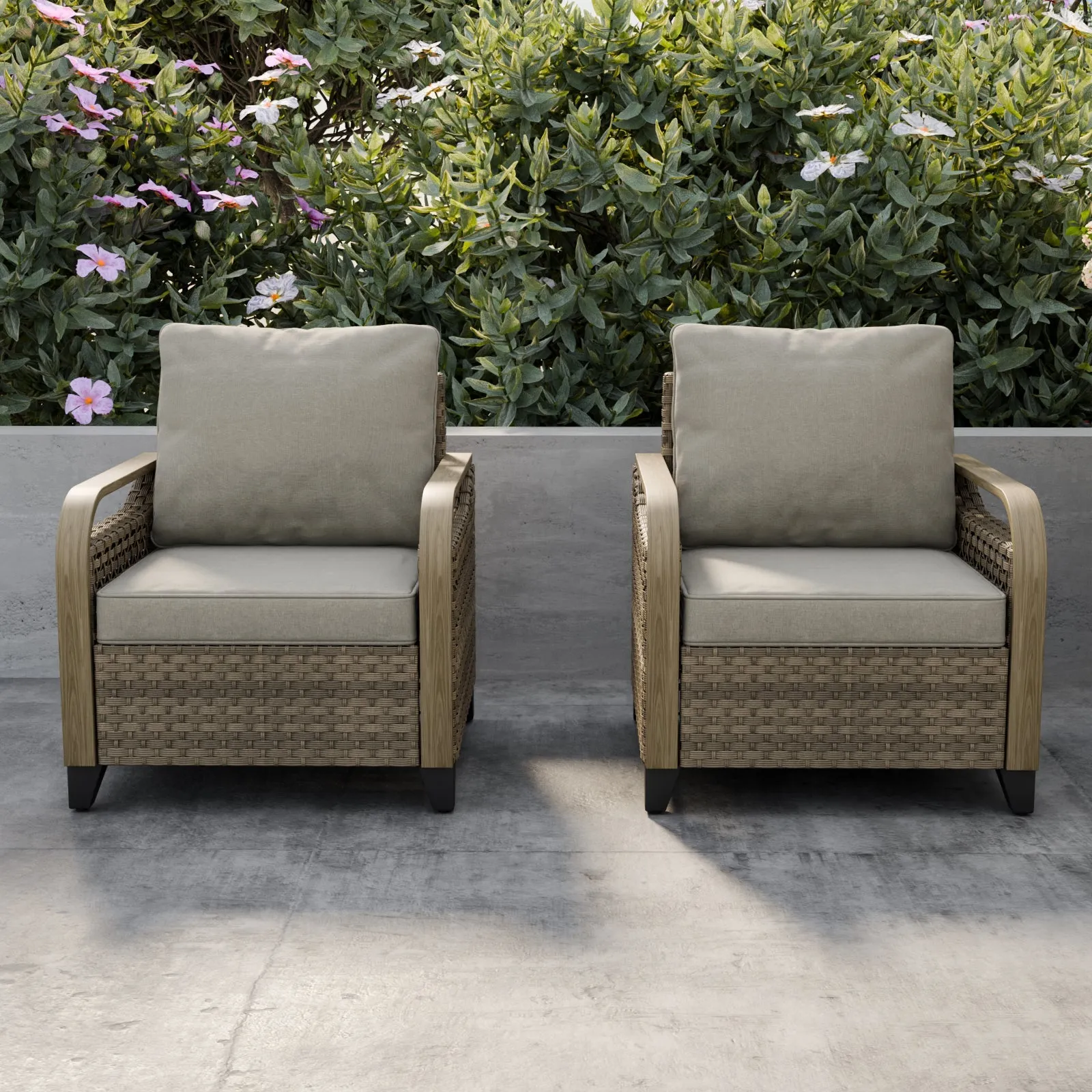 EAGLE PEAK 2 Piece Wicker Outdoor Chairs with Cushions, Patio Chairs, Deep Seating 4 inch Cushions, PE Rattan Curved Armrest Porch Chair, Brown/Gray