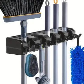 Efficient WallMounted Broom Holder  Organizer with Hooks Black