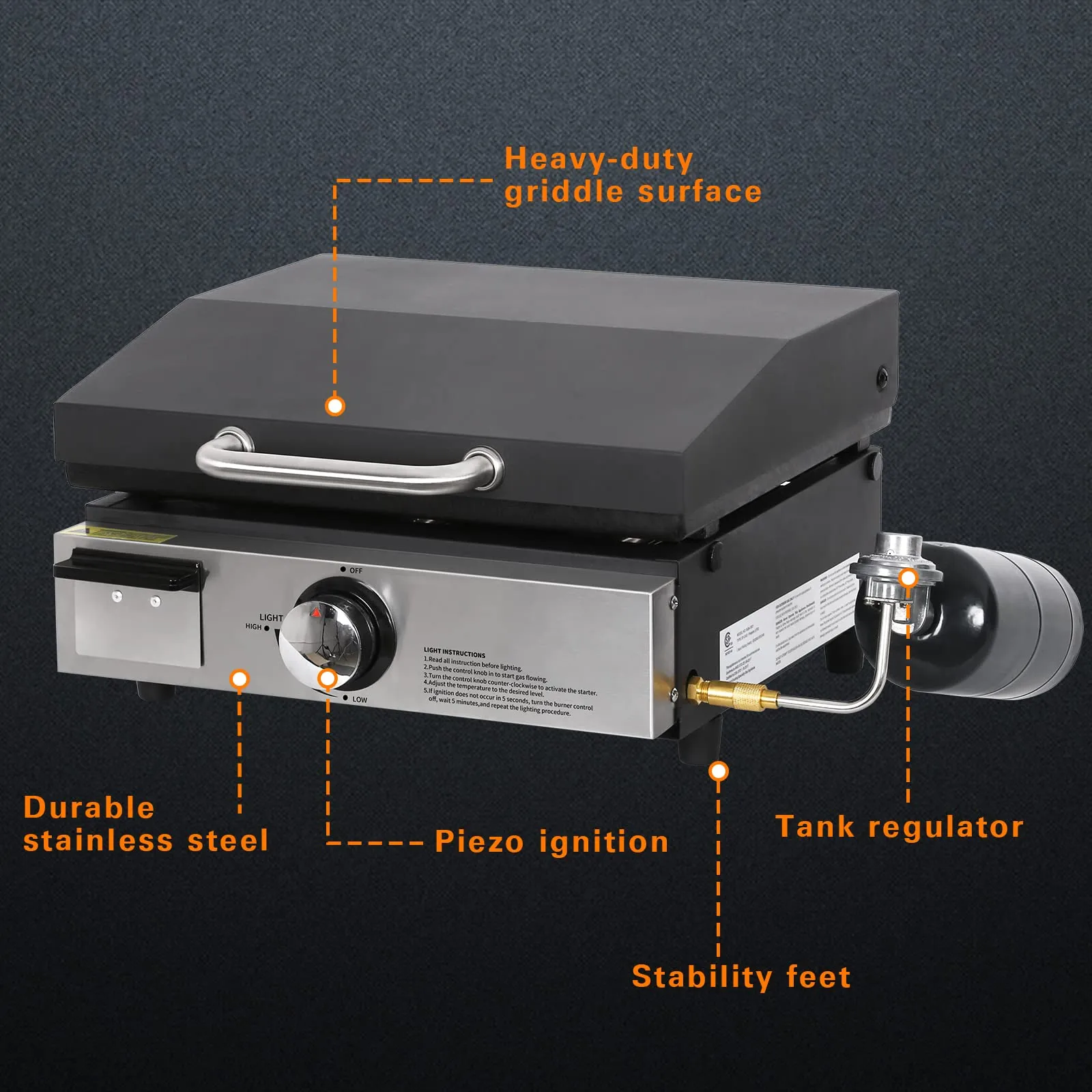 Hykolity 17 inch Tabletop Griddle with Hood, 12,000 BTU Heavy Duty Portable Propane Gas Griddle, Non-Stick Stainless Steel Flat Top Griddle for Outdoor, Cooking, Camping, Tailgating