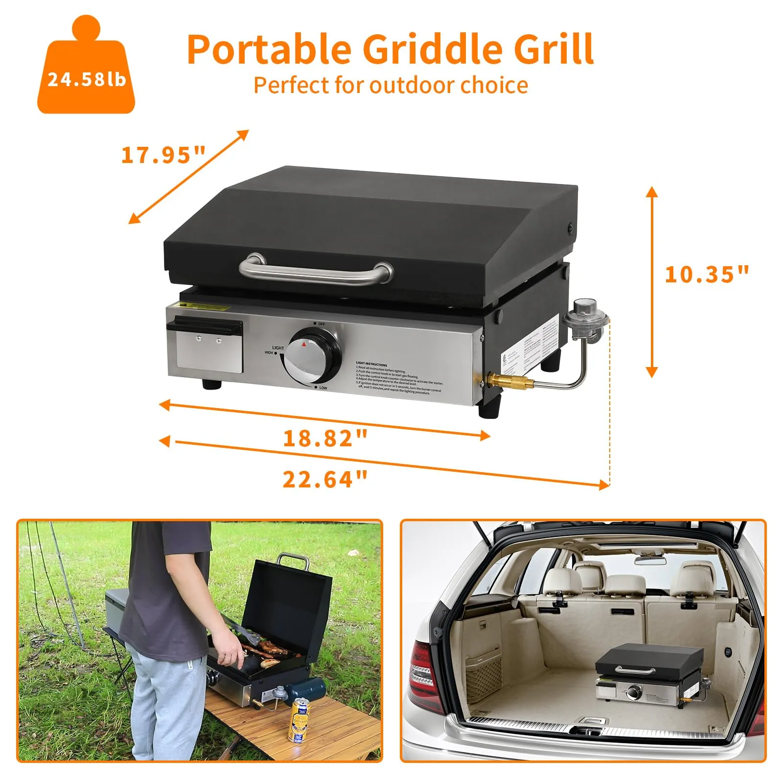 Hykolity 17 inch Tabletop Griddle with Hood, 12,000 BTU Heavy Duty Portable Propane Gas Griddle, Non-Stick Stainless Steel Flat Top Griddle for Outdoor, Cooking, Camping, Tailgating