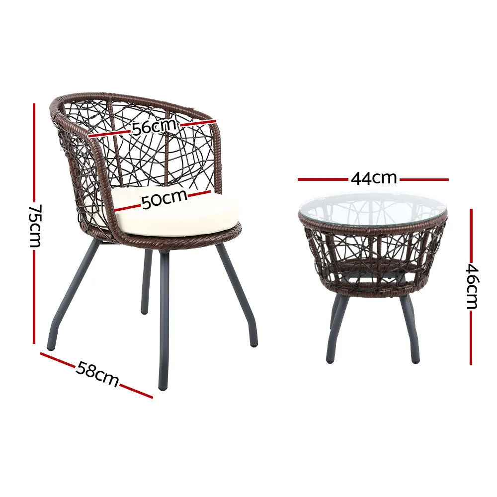 Outdoor Patio Chair and Table Bistro Set 3 Pc Round Rattan Chairs Table Brown