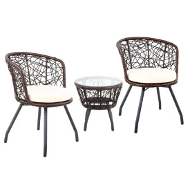 Outdoor Patio Chair and Table Bistro Set 3 Pc Round Rattan Chairs Table Brown