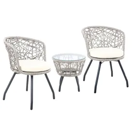 Outdoor Patio Chair and Table Bistro Set 3 Pc Round Rattan Chairs Table Grey