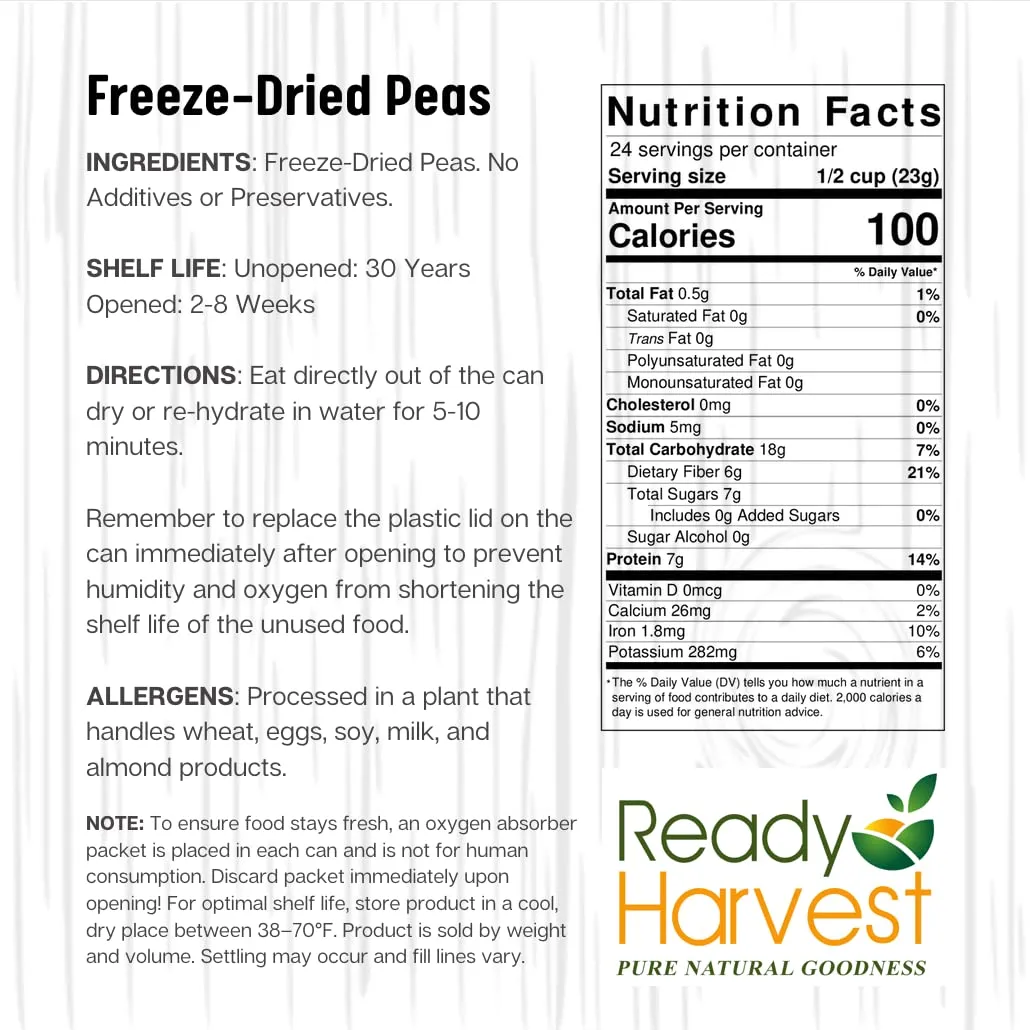 Ready Harvest Freeze-Dried Garden Peas - 30 Year Shelf Life - #10 Can