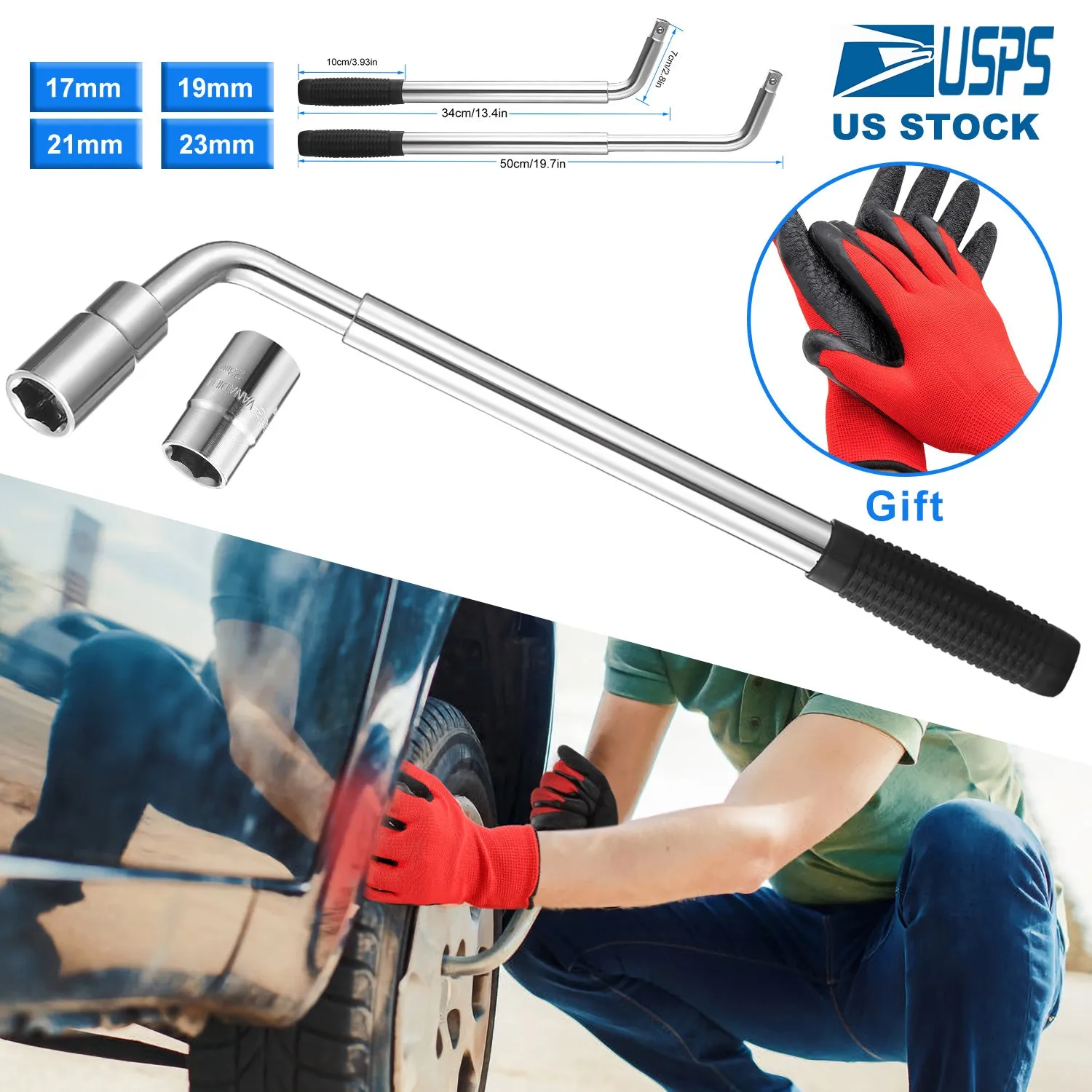 Telescoping Lug Wrench Extendable Tire Wheel Nut with CR-V Sockets